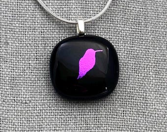 Pink Hummingbird Dichroic Glass Pendant, Fused Glass Pendant, Dichroic Jewelry, Fused Glass Jewelry, OOAK, Gift for her