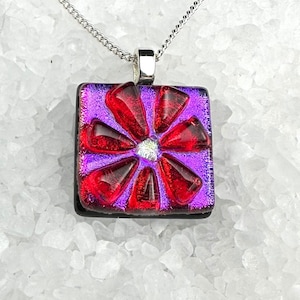 Red and Magenta Dichroic Glass Pendant, Fused Glass Pendant, Dichroic Flower, Dichroic Jewelry, Gift for her