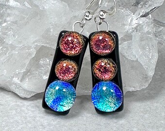 Red and Blue Dichroic Earrings, Dichroic Drop Earrings, Fused Glass Earrings, Sterling Silver Earrings, Gift for Mom, Dichroic Jewelry