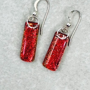Red Orange Dichroic Earrings, Dichroic Drop Earrings, Fused Glass Earrings, Sterling Silver Earrings, Gift for Mom, Dichroic Jewelry