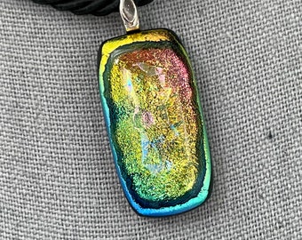 Dichroic Glass Pendant, Fused Glass Pendant, Rainbow Colors on Transparent Deep Blue, Silver Plated Heart Bail, Gift for her