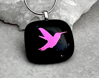 Pink Hummingbird Dichroic Glass Pendant, Fused Glass Pendant, Dichroic Jewelry, Fused Glass Jewelry, OOAK, Gift for her