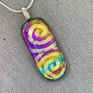 Dichroic Glass Pendant, Fused Glass Pendant, Gold Swirl on Rainbow Dichroic Glass Pendant, Fused Glass Jewelry, Silver Plated Bail