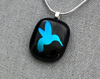 Blue Hummingbird Dichroic Glass Pendant, Fused Glass Pendant, Dichroic Jewelry, Fused Glass Jewelry, OOAK, Gift for her
