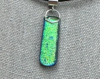 Dichroic Glass Pendant, Green Gold Blue, Fused Glass Pendant, Fused Glass Jewelry, Sterling Silver Tube Bail, OOAK, Gift for her