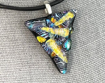 Dichroic Glass Pendant, Fused Glass, Dichroic Jewelry, Fused Glass Jewelry, Triangle, Mosaic, OOAK, Gift for her, includes Leather Necklace