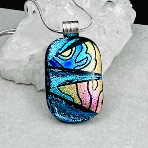 Dichroic Glass Pendant, Fused Glass Pendant, Silver Blue, Etched Rainbow Dichroic,  Fused Glass Jewelry, OOAK, Gift for her