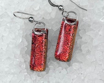 Red Orange Dichroic Earrings, Dichroic Drop Earrings, Fused Glass Earrings, Sterling Silver Earrings, Gift for Mom, Dichroic Jewelry