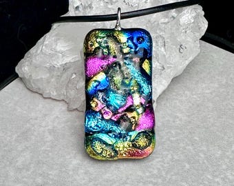 Large Dichroic Glass Pendant, Fused Glass Pendant, Dichroic Jewelry, Fused Glass Jewelry, OOAK, Gift for her, Includes Leather Necklace