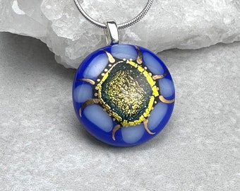Dichroic Glass Pendant, Fused Glass, Dichroic Jewelry, Fused Glass Pebble, Gold Lustre, OOAK, Gift for her, includes Leather Choker