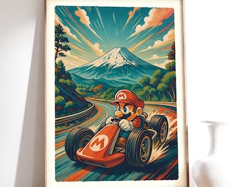 May include: Framed print of Mario in a red race car on a mountain road. The artwork uses a retro style with bright colours, including blue, orange, and green. The car has the letter "M" on the front. The background features a mountain and trees.