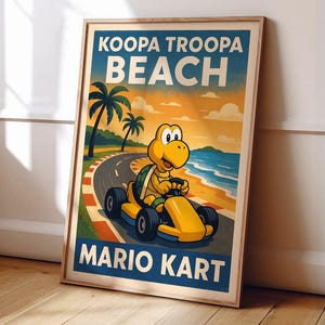 May include: Framed poster with a Koopa Troopa in a yellow kart on a beach track. The poster reads "Koopa Troopa Beach" and "Mario Kart" in a retro style. Palm trees and a sunset are in the background, evoking a sense of nostalgia.