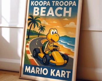 Koopa Troopa Beach Print - Retro Mario Kart Poster - Vintage Travel Art Style - Funny Gaming Wall Art Print A5/A4/A3/A2/A1