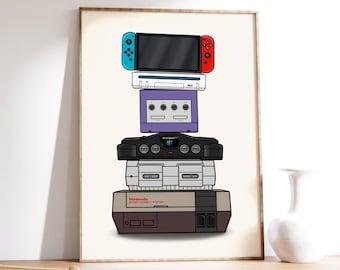 Nintendo Console Evolution Art Print: Retro Gaming Room Decor - Nintendo Console Poster A1/A2/A3/A4/A5 Wii N64 SNES Gamecube Switch Print