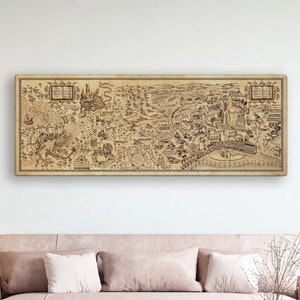 May include: A vintage-style map of a fictional town, printed on a parchment-like background. The map features buildings, roads, and other details, with a faded brown and black colour scheme.