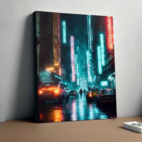 Cyberpunk / Blade Runner Inspired City Streets Concept Art Print - Wall Art Canvas Picture Decor Poster - Sci-fi AI Art