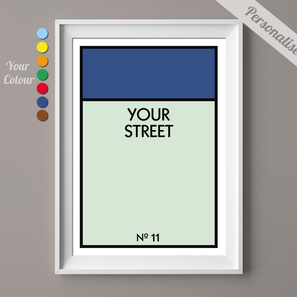 Personalised Monopoly Street Print - Custom Street & House Number - New Home Gift Idea - Canvas Poster Wall Art - Choose Your Size/Colour