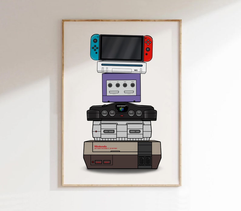 Background Stack Up Nintendo Nintendo Console Evolution Art Print: Retro Gaming Room Decor ...