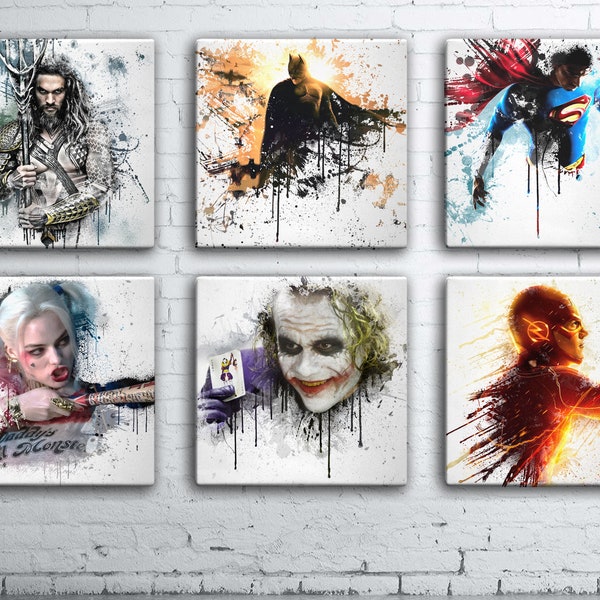 DC 'Paint Splatter' Characters - Wall Art Picture Home Decor - Hand Stretched Canvas - Comic Book Superheros - Superman, Aquaman, Joker...