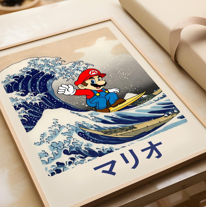 Mario Surfing the Great Wave Poster - Funny Gaming Print Wall Art ...