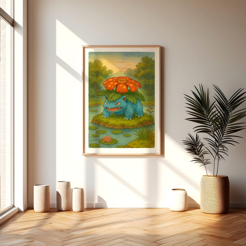 Puede incluir: Impresi&oacute;n art&iacute;stica enmarcada que presenta una criatura azul con una gran flor naranja en la espalda, sobre una peque&ntilde;a isla en un estanque. La obra de arte es de estilo acuarela, con un fondo de paisaje natural.