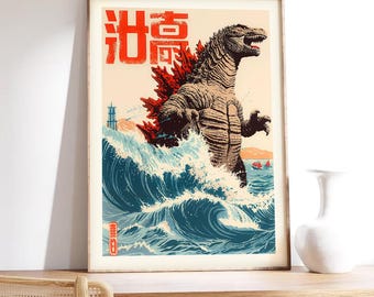 Póster de Great Wave God Zilla Kaiju, impresión artística para pared, estilo anime japonés, tamaño A5, A4, A3, A2, A1, impresión en lienzo sin marco para marco o percha