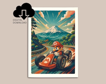 Impresión del Monte Fuji de Mario Kart - Póster de videojuegos retro imprimible (descarga digital)