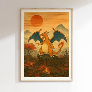 Puede incluir: Impresi&oacute;n enmarcada que presenta un Charizard naranja estilizado con alas verde azulado, de pie sobre un paisaje rocoso con una cola de fuego. El fondo incluye un sol poniente, monta&ntilde;as y &aacute;rboles de colores oto&ntilde;ales. La obra de arte tiene una est&eacute;tica vintage.