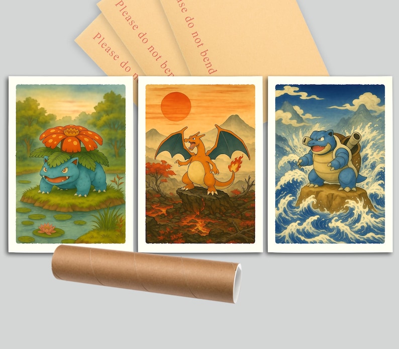 Puede incluir: Tres impresiones art&iacute;sticas con personajes de Pok&eacute;mon: Venusaur, Charizard y Blastoise. Cada impresi&oacute;n muestra un Pok&eacute;mon diferente en un paisaje esc&eacute;nico con colores vibrantes. Tambi&eacute;n se ve un tubo de cart&oacute;n marr&oacute;n y tres sobres beige.