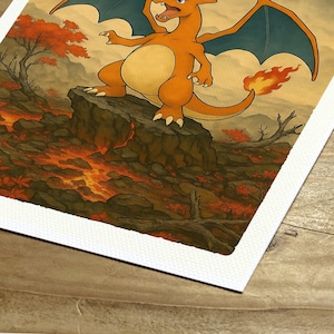 Puede incluir: Ilustraci&oacute;n de un Charizard naranja con alas azules, sobre un paisaje rocoso con lava y &aacute;rboles oto&ntilde;ales. La obra tiene un estilo vintage.