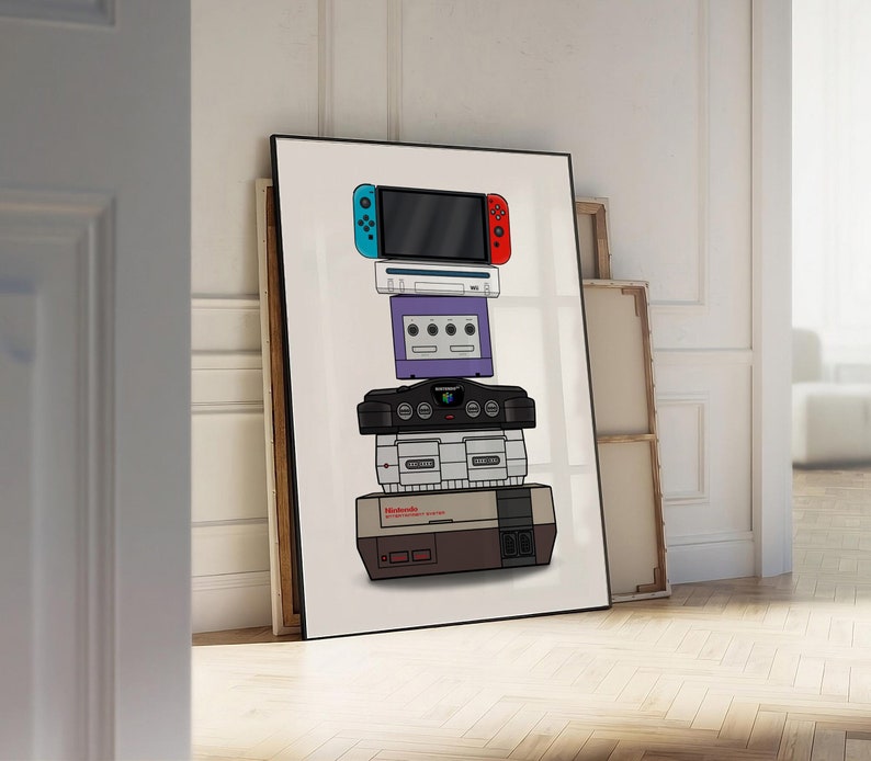 Background Stack Up Nintendo Nintendo Console Evolution Art Print: Retro Gaming Room Decor ...