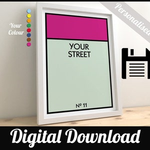 Download digital - Arquivo de impressão de rua de monopólio personalizado - Número de rua e casa personalizado - Presente para casa nova - Arte de parede de pôster - Sua casa