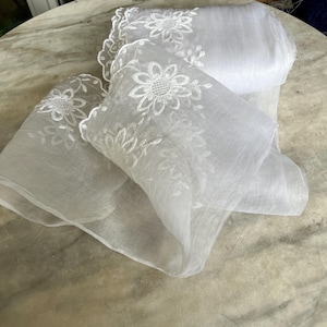 Può includere: Tessuto bianco trasparente con delicati ricami floreali. Il tessuto è piegato e drappeggiato su una superficie di marmo.