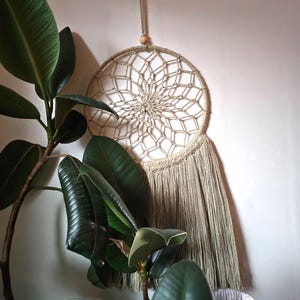 Puede incluir: Un atrapasueños de macramé beige con una franja que cuelga de la parte inferior. El atrapasueños está colgado en una pared blanca junto a una planta verde.