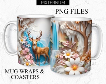 3d Cartoon Deer Forest Mug Wrap PNG, Mug Sublimation Design Template, 11oz, 12oz, 15oz Coffee Mug Design, Digital Download, 3D Flowers