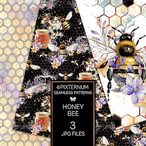Honey Bee Seamless Patterns, Watercolor Bee Digital Papers Pack by Pixternum, Spring Fabric Pattern, Honey, Honeycomb, Flowers, Sublimation