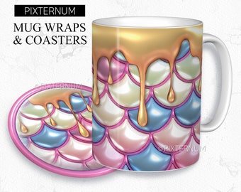 3D膨らませたマーメイドマグラップPNG、マグ昇華デザインテンプレート、11オンス、12オンス、15オンスのコーヒーマグデザイン、デジタルダウンロード、3Dパフ、ドリップ