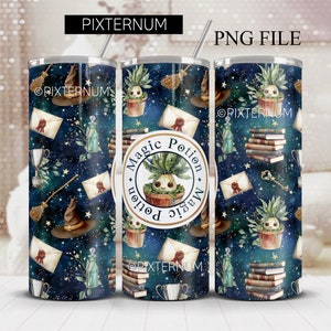May include: A sublimation design featuring a repeating pattern of a magical potion bottle, a witch's hat, a magical plant, a stack of books, a letter, a broom, a key, and stars on a dark blue background. The design includes the text "Magic Potion" in a circle.