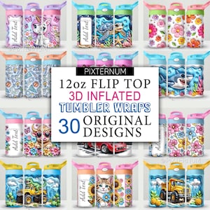 Peut inclure: Une collection de bouteilles d'eau à rabat de 12 oz avec des enveloppes de gobelets gonflées en 3D. Les motifs comprennent une licorne, des fleurs, une tortue, un requin, un chat et un dinosaure. Les bouteilles ont des couleurs variées et le texte "Add Text".