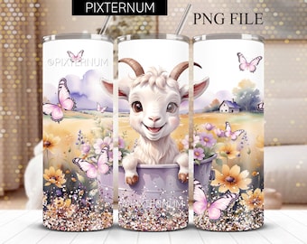 Happy Goat in a bucket 20oz Skinny Tumbler Wrap, Baby Farm Animals, Seamless Glitter Flowers 20 oz Sublimation Design PNG, Digital Download