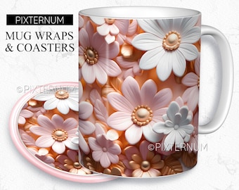 3d Pink White Flowers Wrap PNG, Mug Sublimation Design Template, 11oz, 12oz, 15oz Coffee Mug Design, Digital Download, 3D PNG
