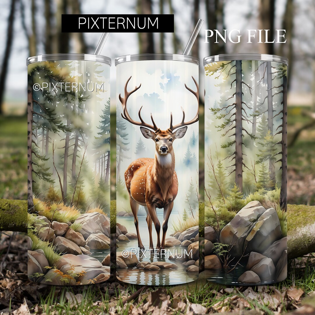 Seamless Buck Deer on a Lake 20oz Skinny Tumbler Wrap, Camo Deer Forest ...