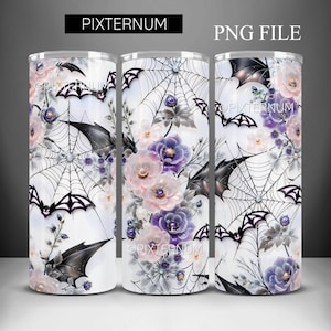 Seamless 3D Halloween Flowers Tumbler Wrap, Cute Bats Flowers PNG 3D Tumbler Design, Straight 20oz Skinny Tumbler, Sublimation Design