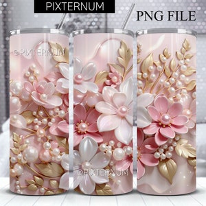 May include: A pink and gold tumbler with a floral design featuring pink and white flowers, gold leaves, and pearl accents. The tumbler is designed for sublimation.