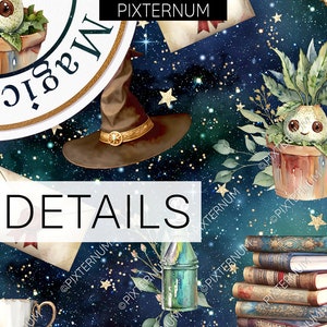 May include: A seamless pattern featuring a whimsical illustration of a witch's hat, a stack of old books, and a magical plant with a smiling face. The background is a dark blue with gold glitter stars. The text "Magic" is written in a circle on a white background.