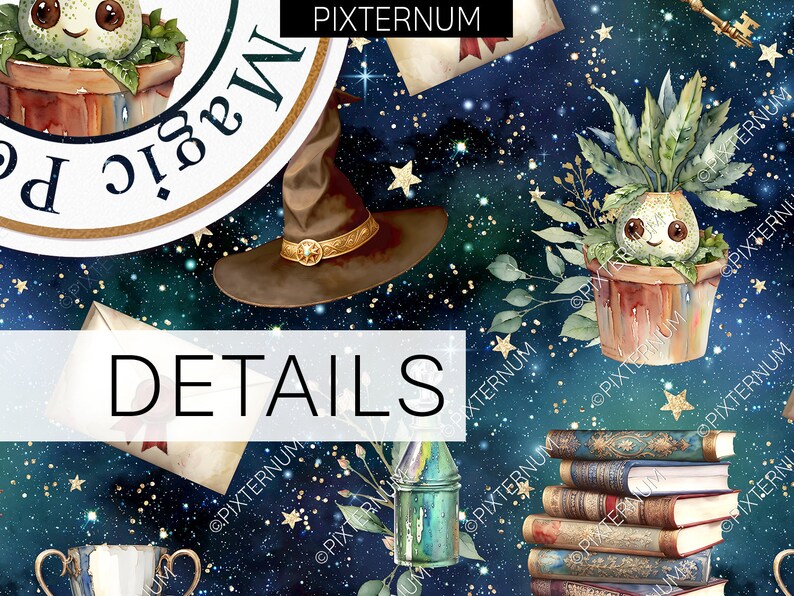 May include: A seamless pattern featuring a whimsical illustration of a witch's hat, a stack of old books, and a magical plant with a smiling face. The background is a dark blue with gold glitter stars. The text "Magic" is written in a circle on a white background.