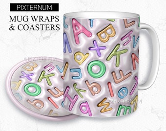 3d Inflated Alphabet Mug Wrap PNG, Mug Sublimation Design Template, 11oz, 12oz, 15oz Coffee Mug Design, Digital Download, 3D Puff, School