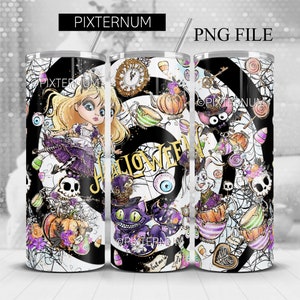 Halloween Wonderland, Projekt Tumblera, Opakowanie Tumblera Png, 20oz Skinny Tumbler, Projekt sublimacji, Biały Królik, Alicja
