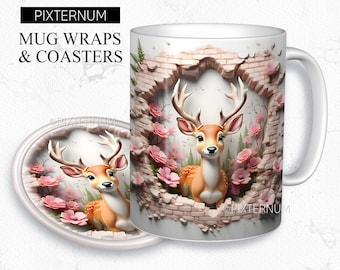 3d Deer Hole in a Wall Mug Wrap PNG, Mug Sublimation Design Template, 11oz, 12oz, 15oz Coffee Mug Design, Digital Download, 3D Flowers