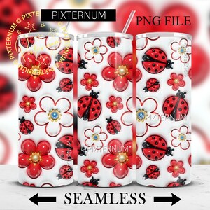 May include: Three white tumblers with a seamless design of red flowers, ladybirds, and white flowers. The tumblers have a white background and a straw. The text "PIXTERNUM" and "PNG FILE" are visible. The word "SEAMLESS" is also visible.